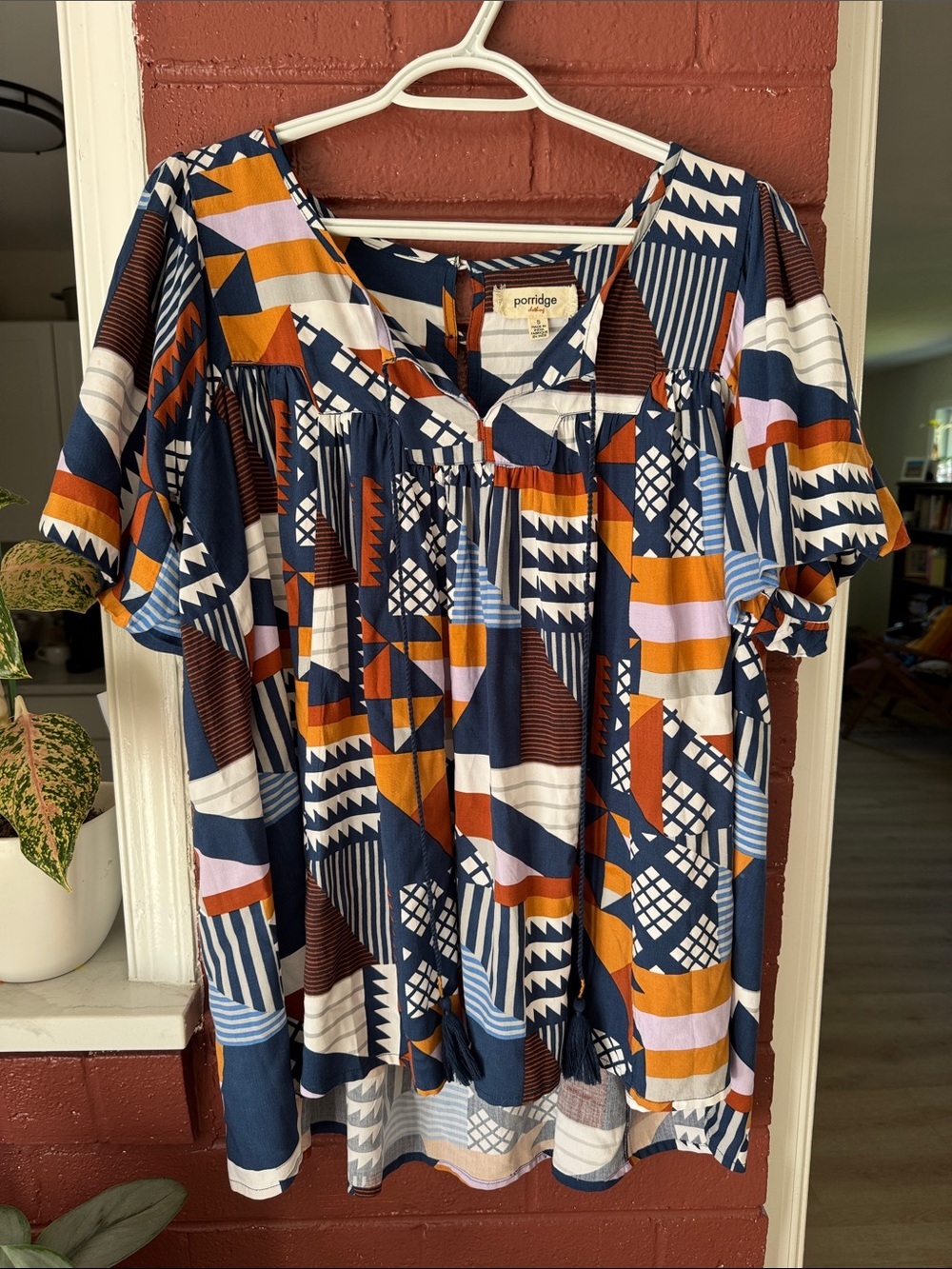 Porridge Anthropologie Navy Multicolored Geometric Print Oversized Peasant Top S